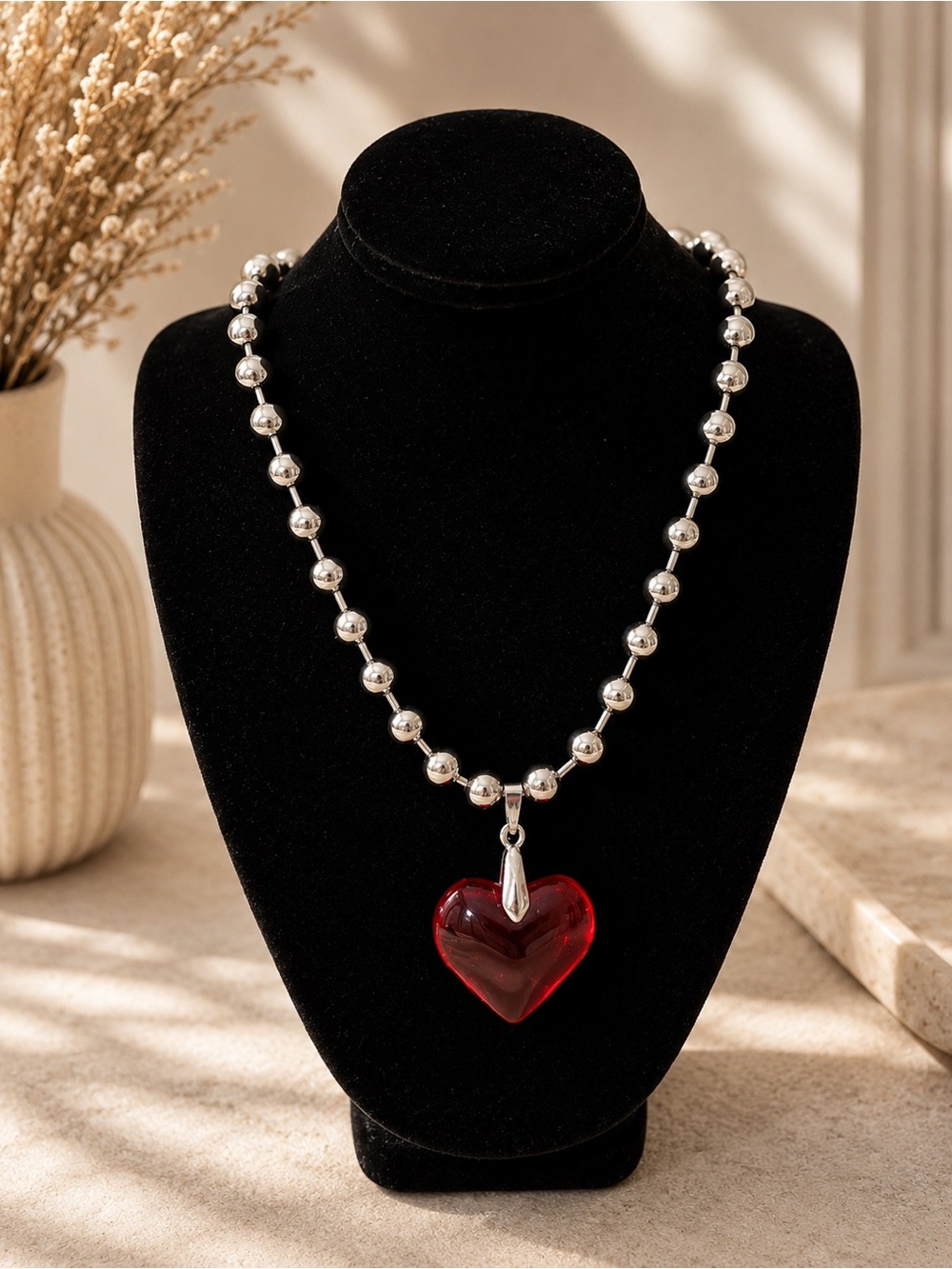 Silver Bead Necklace with Red Heart Pendant